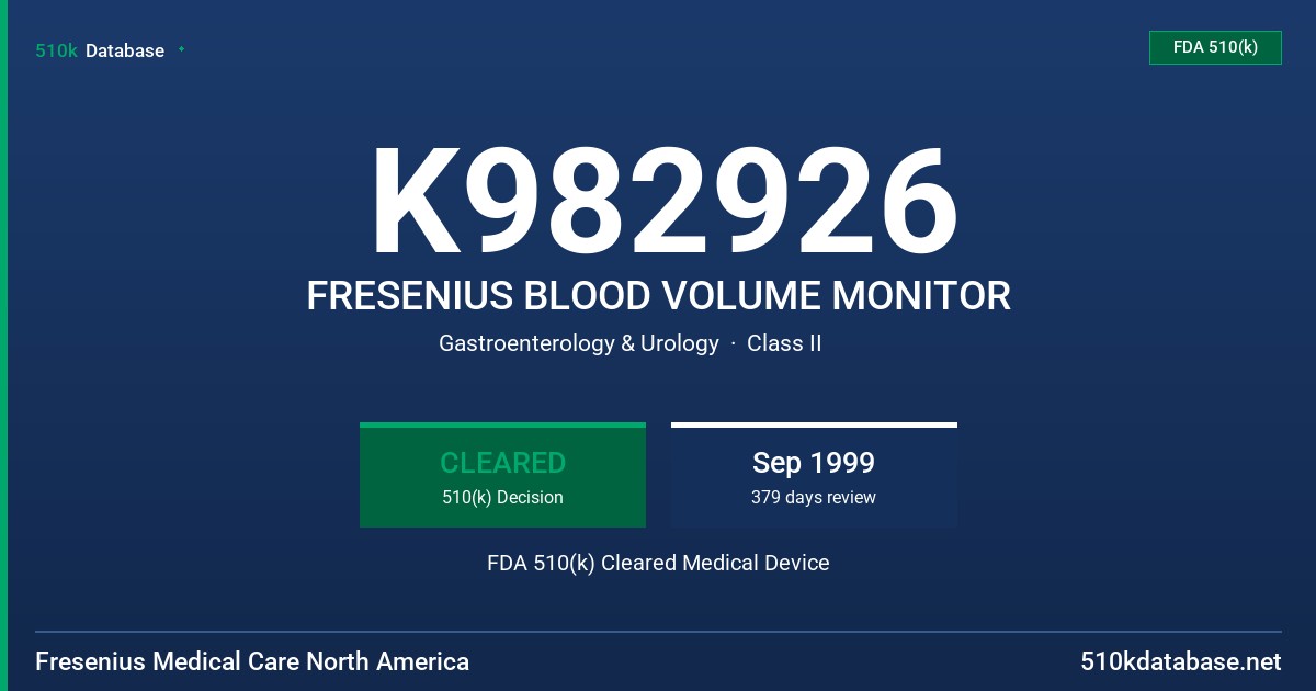 K982926 FRESENIUS BLOOD VOLUME MONITOR FDA 510(k) Cleared Medical Device