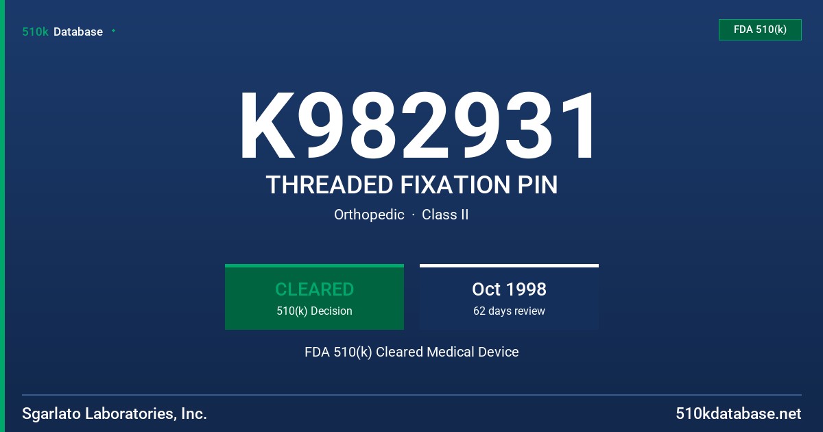K982931 THREADED FIXATION PIN FDA 510(k) Cleared Medical Device