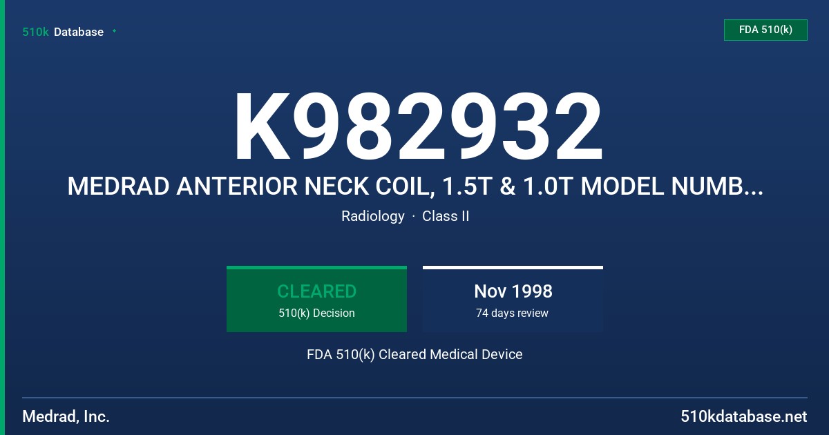 K982932 MEDRAD ANTERIOR NECK COIL, 1.5T & 1.0T MODEL NUMBERS M64ANC AND M42ANC FDA 510(k) Cleared Medical Device