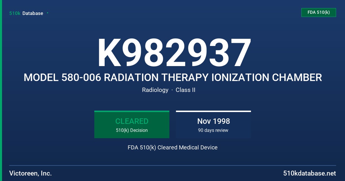 K982937 MODEL 580-006 RADIATION THERAPY IONIZATION CHAMBER FDA 510(k) Cleared Medical Device