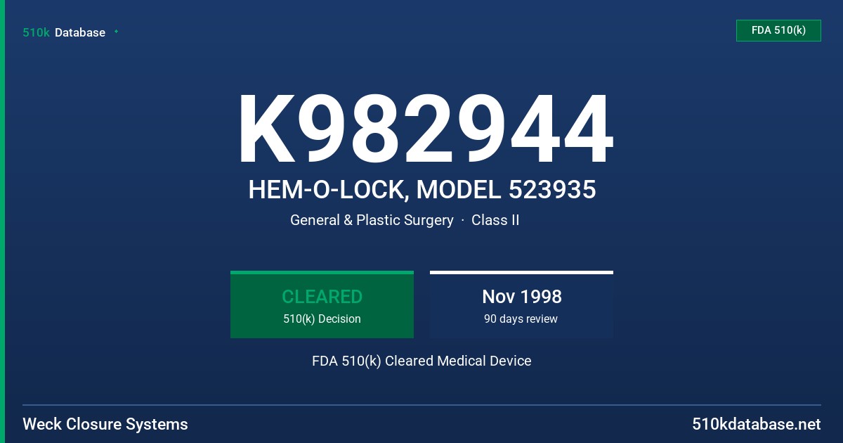 K982944 HEM-O-LOCK, MODEL 523935 FDA 510(k) Cleared Medical Device