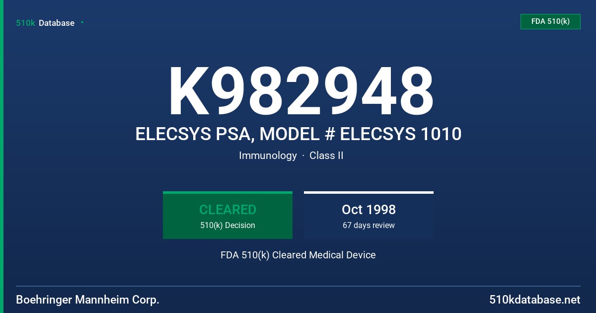 K982948 ELECSYS PSA, MODEL # ELECSYS 1010 FDA 510(k) Cleared Medical Device