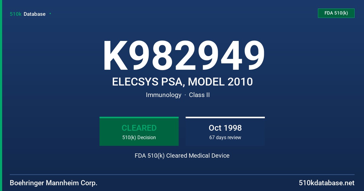 K982949 ELECSYS PSA, MODEL 2010 FDA 510(k) Cleared Medical Device