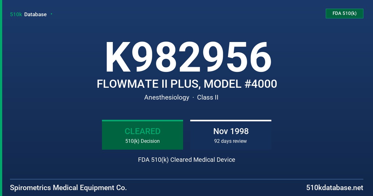 K982956 FLOWMATE II PLUS, MODEL #4000 FDA 510(k) Cleared Medical Device