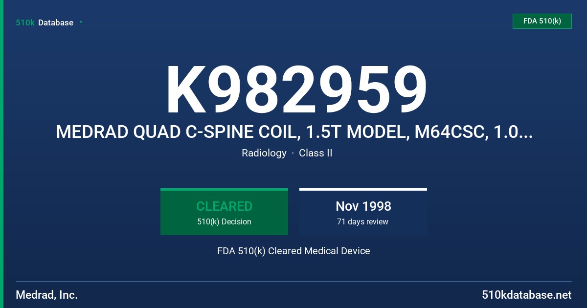 K982959 MEDRAD QUAD C-SPINE COIL, 1.5T MODEL, M64CSC, 1.0T MODEL M42CSC FDA 510(k) Cleared Medical Device