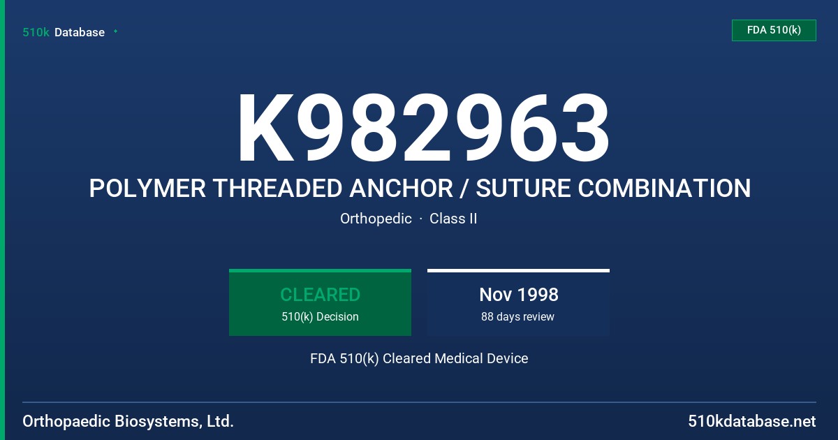 K982963 POLYMER THREADED ANCHOR / SUTURE COMBINATION FDA 510(k) Cleared Medical Device