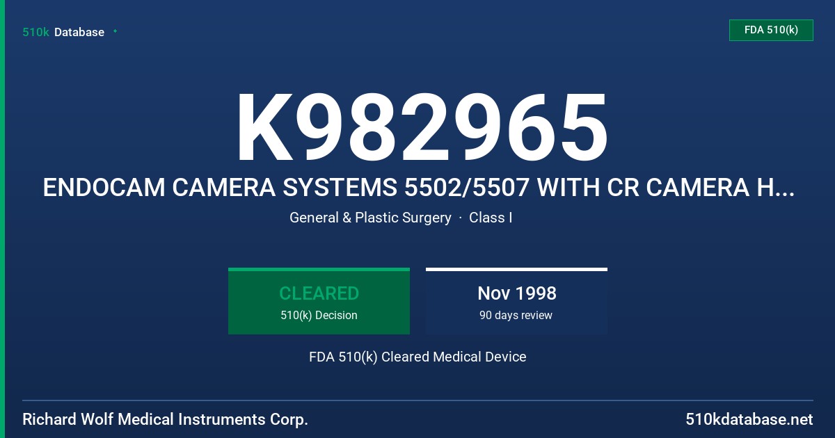 K982965 ENDOCAM CAMERA SYSTEMS 5502/5507 WITH CR CAMERA HEADS AND ACCESSORIES FDA 510(k) Cleared Medical Device