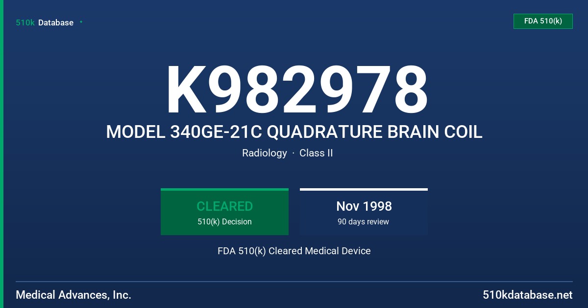 K982978 MODEL 340GE-21C QUADRATURE BRAIN COIL FDA 510(k) Cleared Medical Device