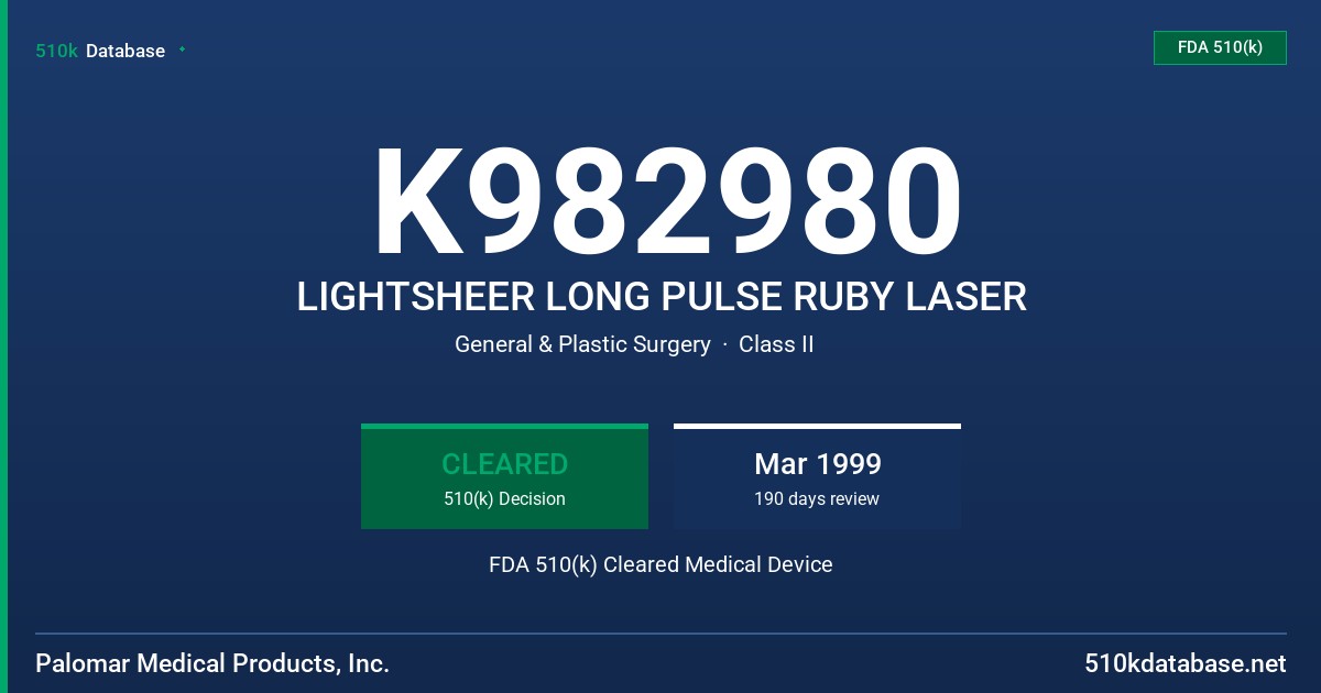 K982980 LIGHTSHEER LONG PULSE RUBY LASER FDA 510(k) Cleared Medical Device