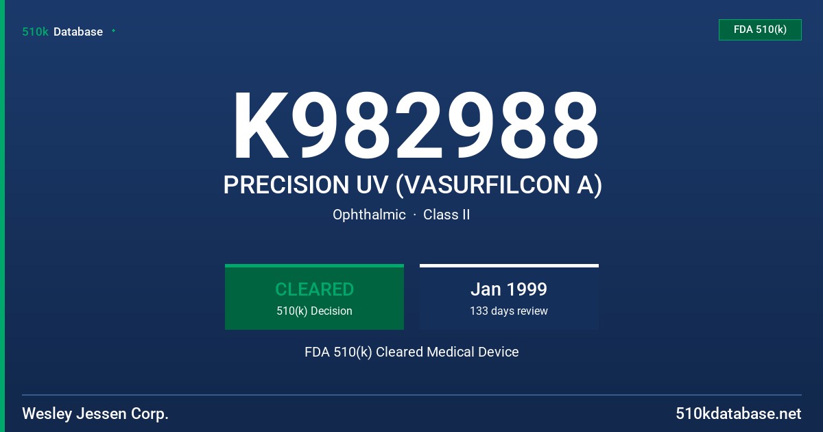 K982988 PRECISION UV (VASURFILCON A) FDA 510(k) Cleared Medical Device