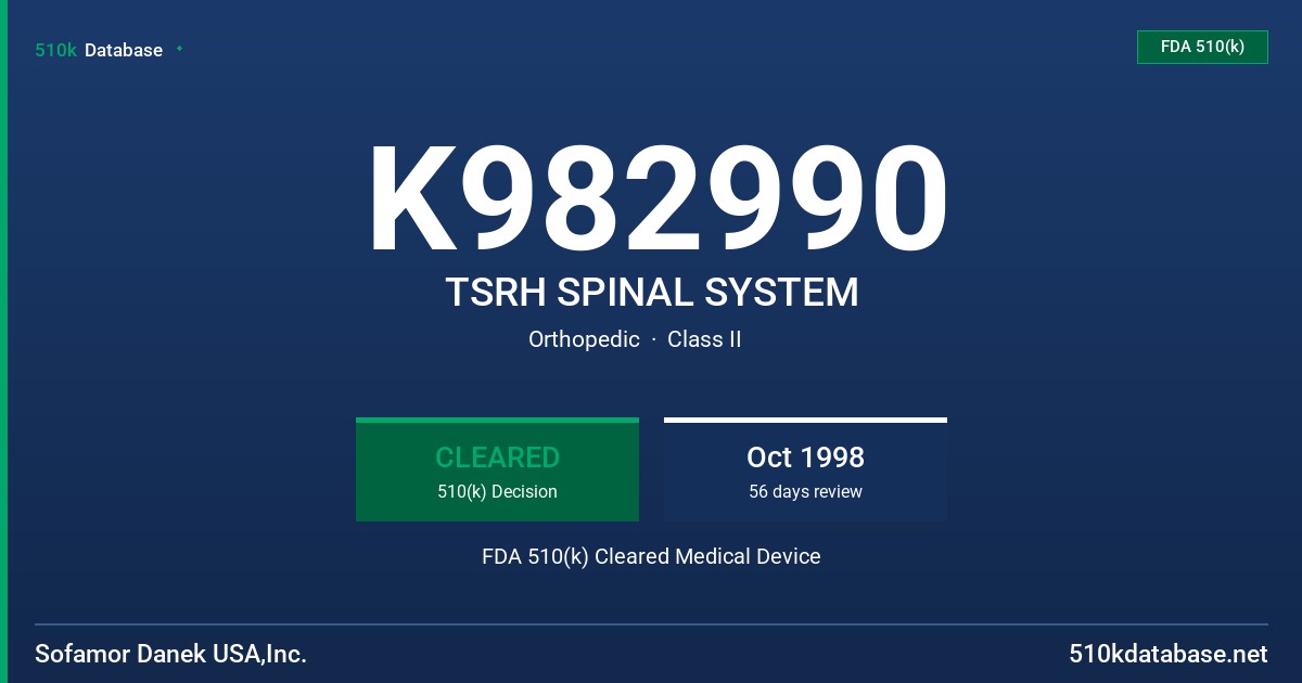 K982990 TSRH SPINAL SYSTEM FDA 510(k) Cleared Medical Device