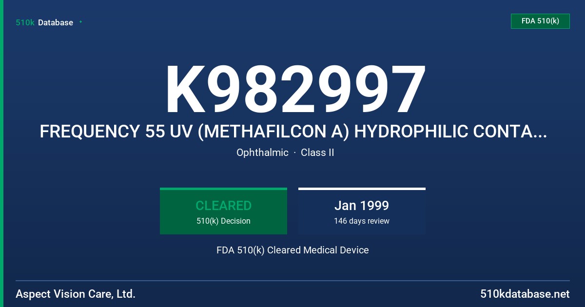 K982997 FREQUENCY 55 UV (METHAFILCON A) HYDROPHILIC CONTACT LENS FOR DAILY WEAR (CLEAR AND TINTED WITH UV BLOCKER) FDA 510(k) Cleared Medical Device