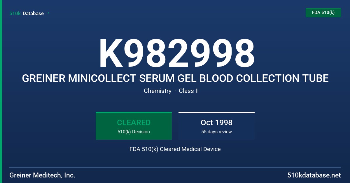 K982998 GREINER MINICOLLECT SERUM GEL BLOOD COLLECTION TUBE FDA 510(k) Cleared Medical Device