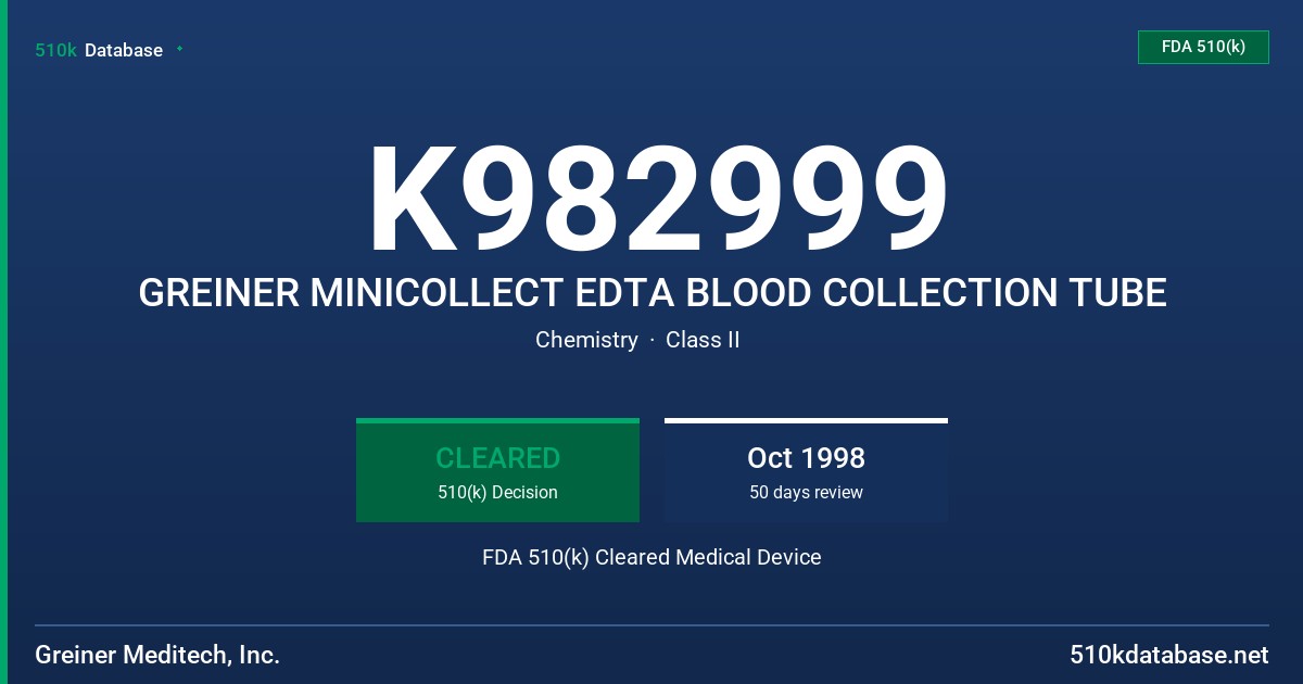 K982999 GREINER MINICOLLECT EDTA BLOOD COLLECTION TUBE FDA 510(k) Cleared Medical Device