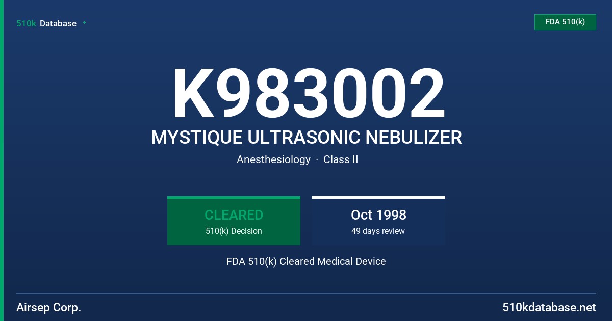 K983002 MYSTIQUE ULTRASONIC NEBULIZER FDA 510(k) Cleared Medical Device