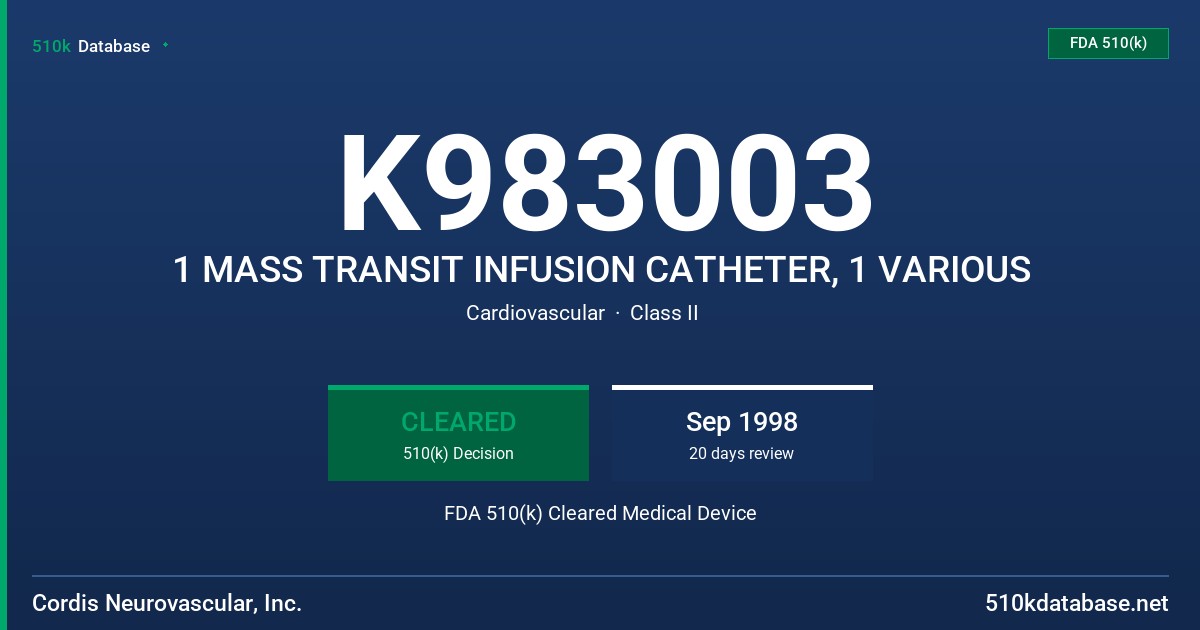 K983003 1 MASS TRANSIT INFUSION CATHETER, 1 VARIOUS FDA 510(k) Cleared Medical Device