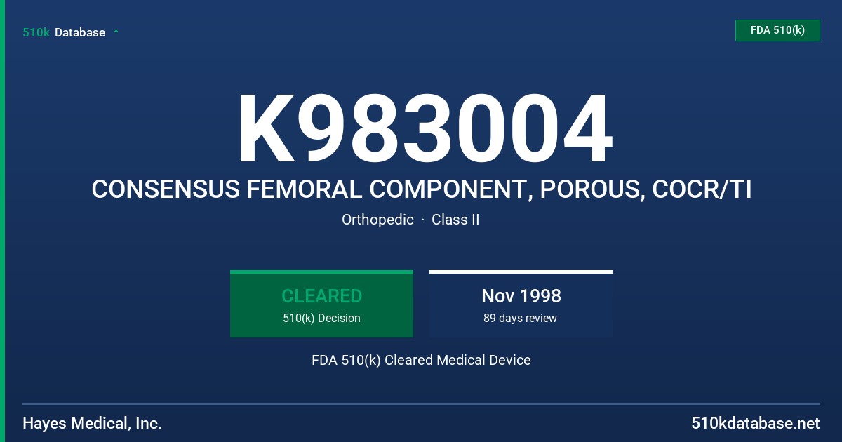 K983004 CONSENSUS FEMORAL COMPONENT, POROUS, COCR/TI FDA 510(k) Cleared Medical Device