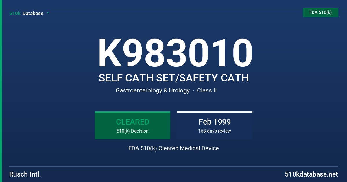 K983010 SELF CATH SET/SAFETY CATH FDA 510(k) Cleared Medical Device