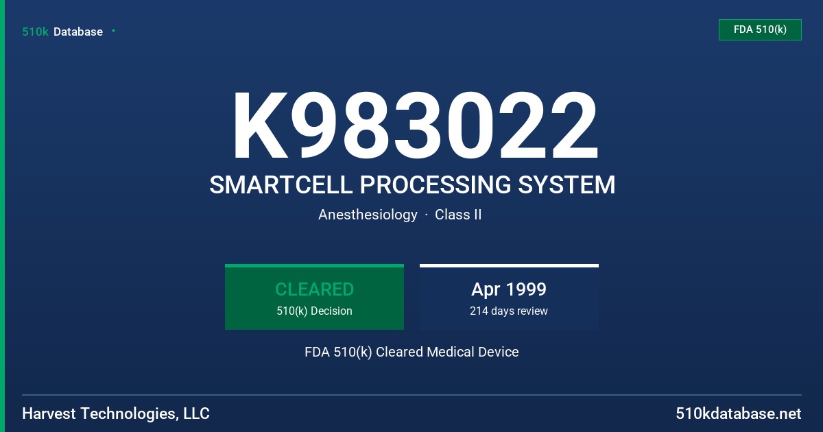 K983022 SMARTCELL PROCESSING SYSTEM FDA 510(k) Cleared Medical Device