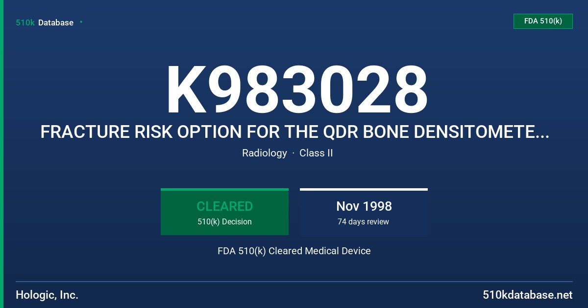 K983028 FRACTURE RISK OPTION FOR THE QDR BONE DENSITOMETER, MODEL#S QDR4500, QDR2000, QDR1500, QDR4000, QDR1000, QDR1000W FDA 510(k) Cleared Medical Device