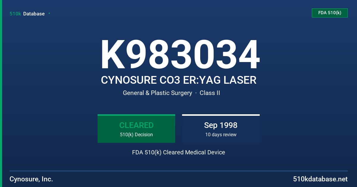 K983034 CYNOSURE CO3 ER:YAG LASER FDA 510(k) Cleared Medical Device