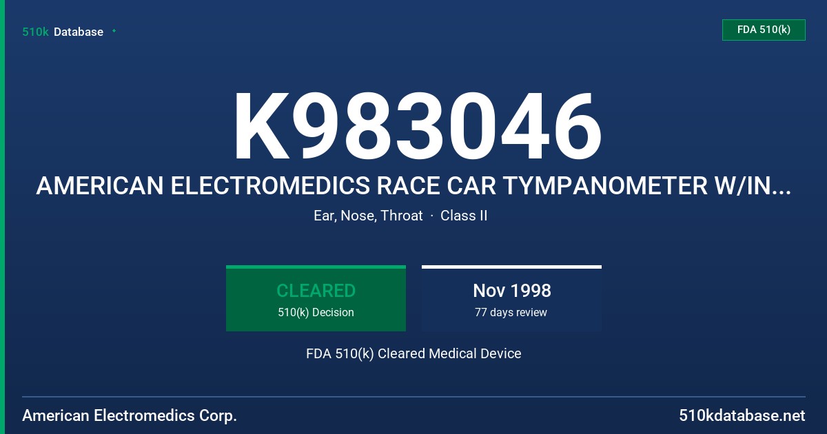 K983046 AMERICAN ELECTROMEDICS RACE CAR TYMPANOMETER W/INTEGRAL PRINTER FDA 510(k) Cleared Medical Device