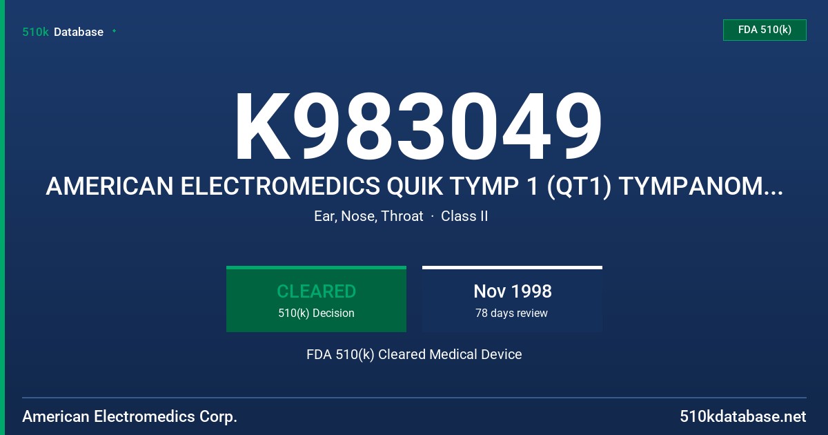 K983049 AMERICAN ELECTROMEDICS QUIK TYMP 1 (QT1) TYMPANOMETER WITH INTERGRAL PRINTER FDA 510(k) Cleared Medical Device