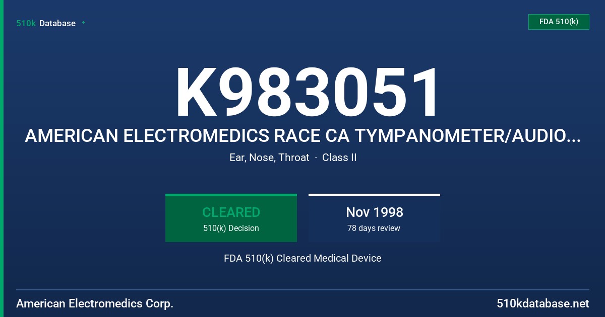 K983051 AMERICAN ELECTROMEDICS RACE CA TYMPANOMETER/AUDIOMETER WITH INTEGRAL PRINTER FDA 510(k) Cleared Medical Device