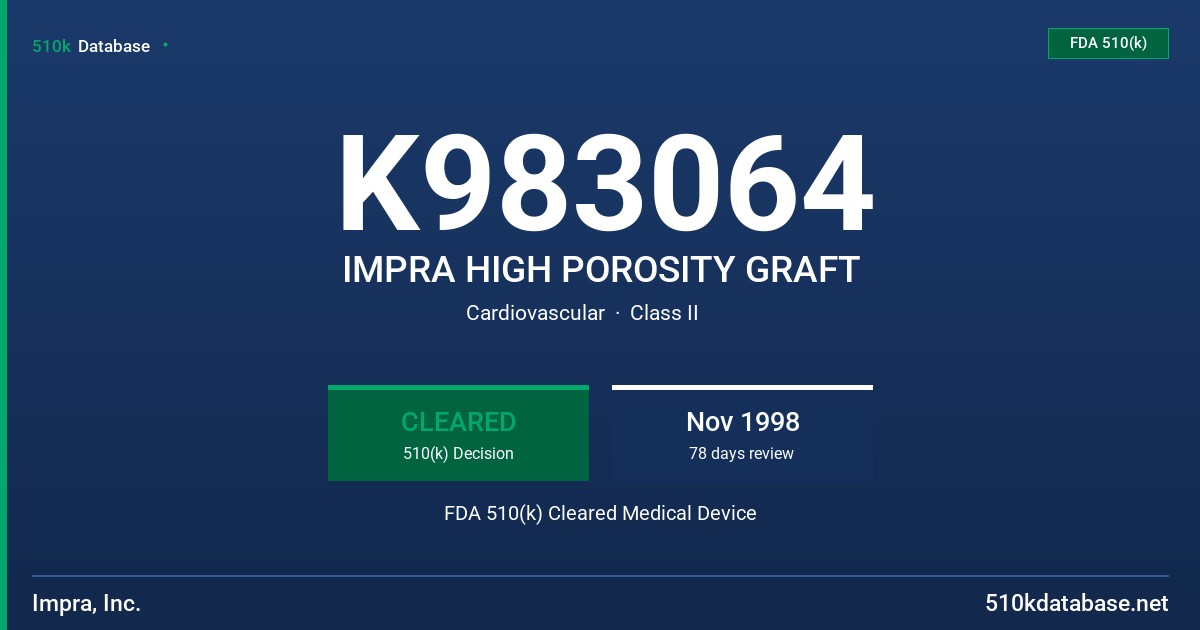 K983064 IMPRA HIGH POROSITY GRAFT FDA 510(k) Cleared Medical Device