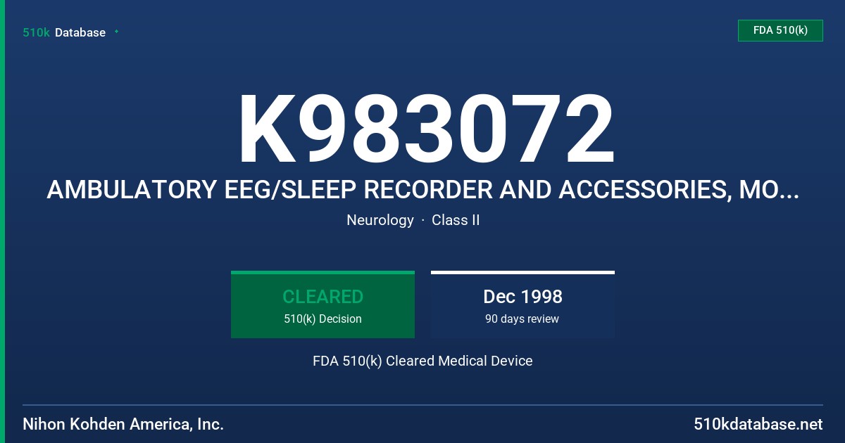 K983072 AMBULATORY EEG/SLEEP RECORDER AND ACCESSORIES, MODEL # SSR3201 FDA 510(k) Cleared Medical Device