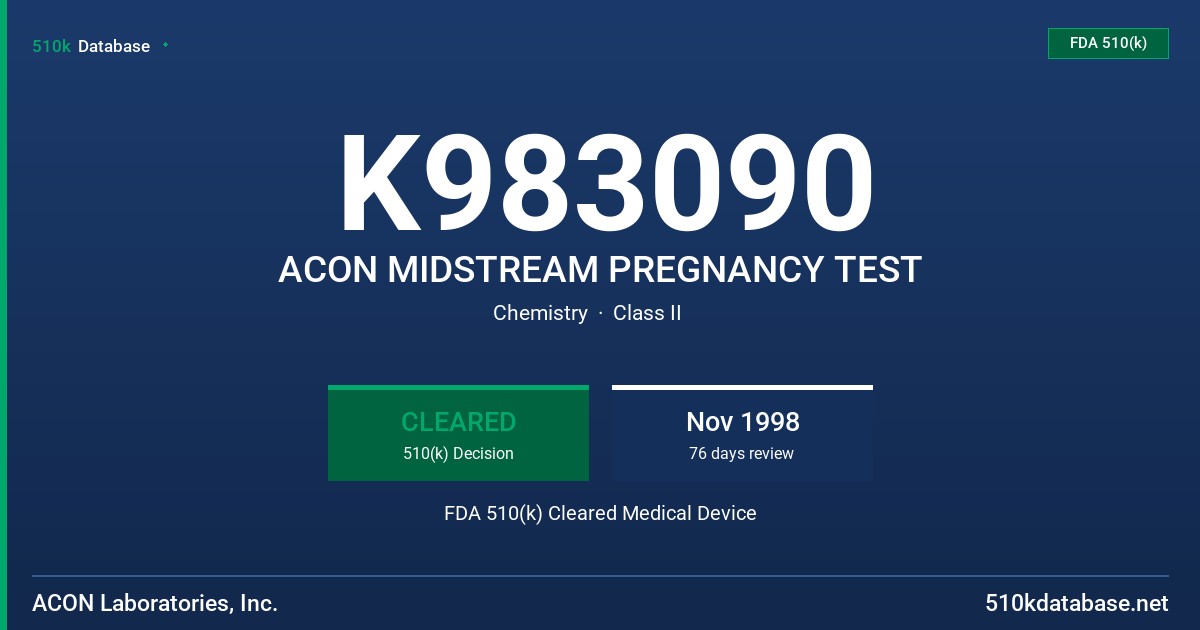 K983090 ACON MIDSTREAM PREGNANCY TEST FDA 510(k) Cleared Medical Device