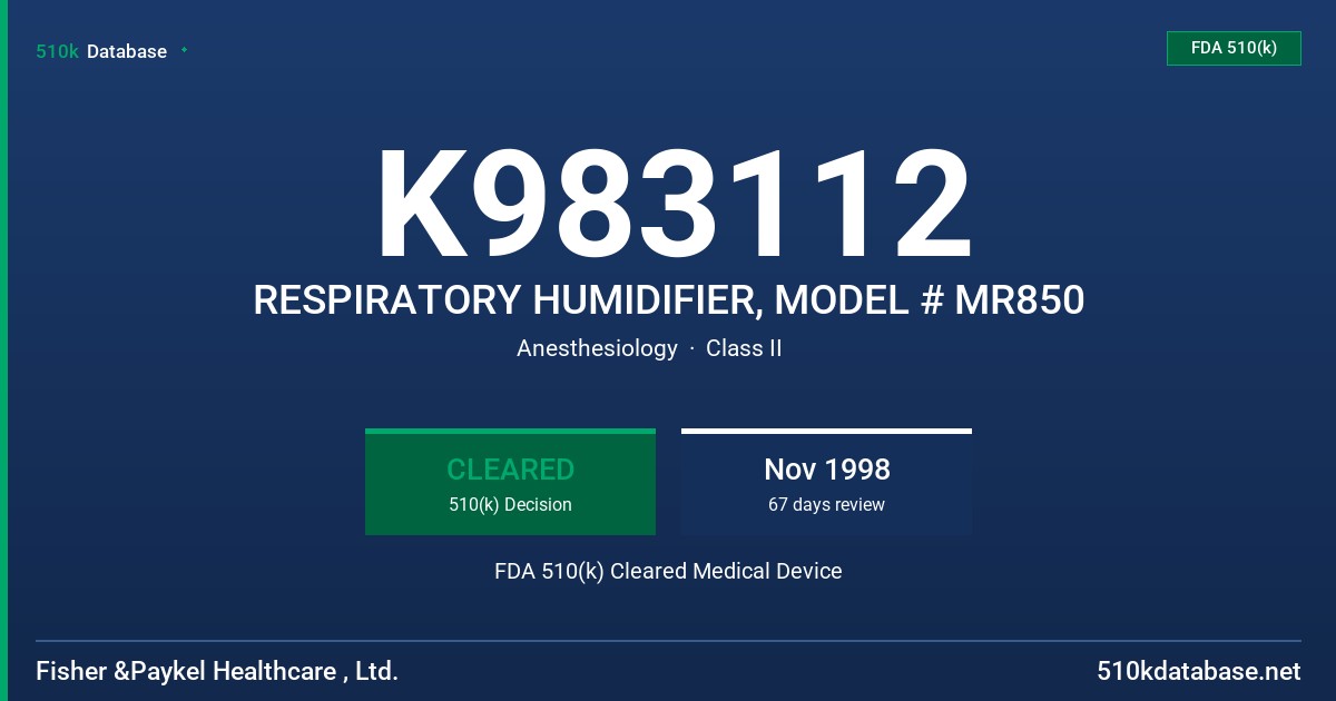 K983112 RESPIRATORY HUMIDIFIER, MODEL # MR850 FDA 510(k) Cleared Medical Device