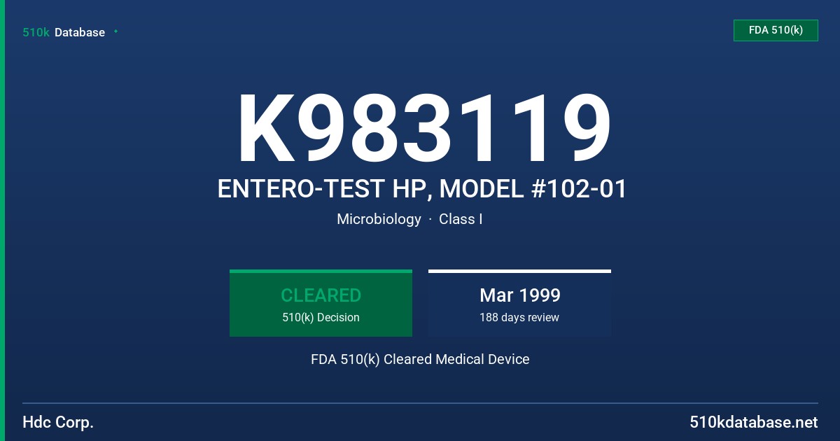 K983119 ENTERO-TEST HP, MODEL #102-01 FDA 510(k) Cleared Medical Device