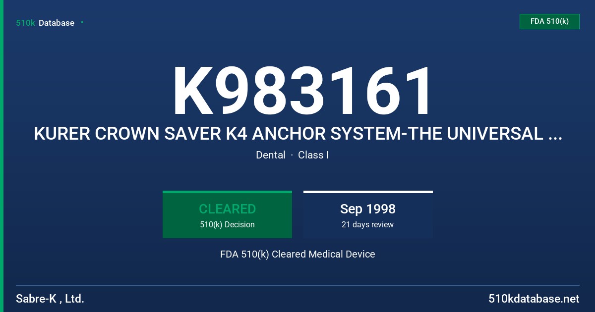 K983161 KURER CROWN SAVER K4 ANCHOR SYSTEM-THE UNIVERSAL KIT, KURER STANDARD K4 ANCHOR SYSTEM- THE READY CORE KIT, KURER FIN-LOC FDA 510(k) Cleared Medical Device