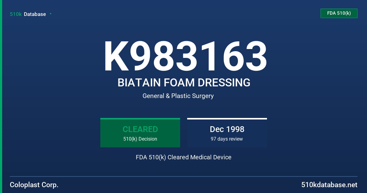 K983163 BIATAIN FOAM DRESSING FDA 510(k) Cleared Medical Device