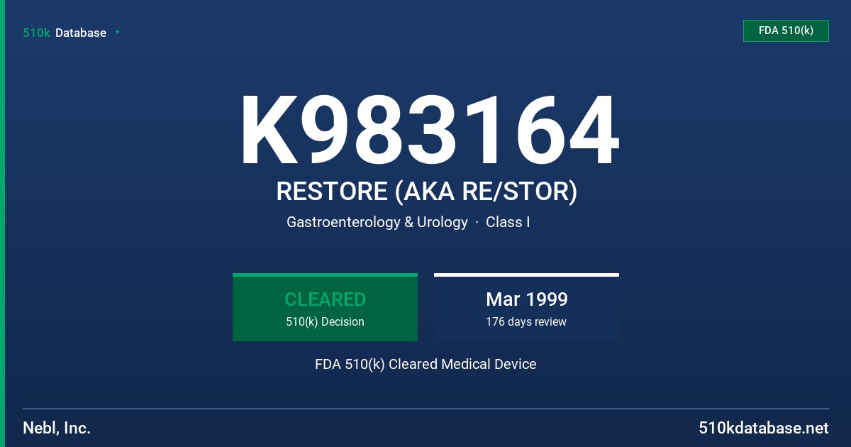 K983164 RESTORE (AKA RE/STOR) FDA 510(k) Cleared Medical Device