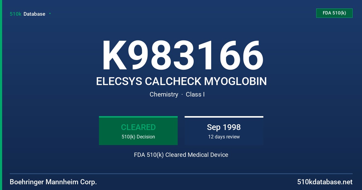 K983166 ELECSYS CALCHECK MYOGLOBIN FDA 510(k) Cleared Medical Device