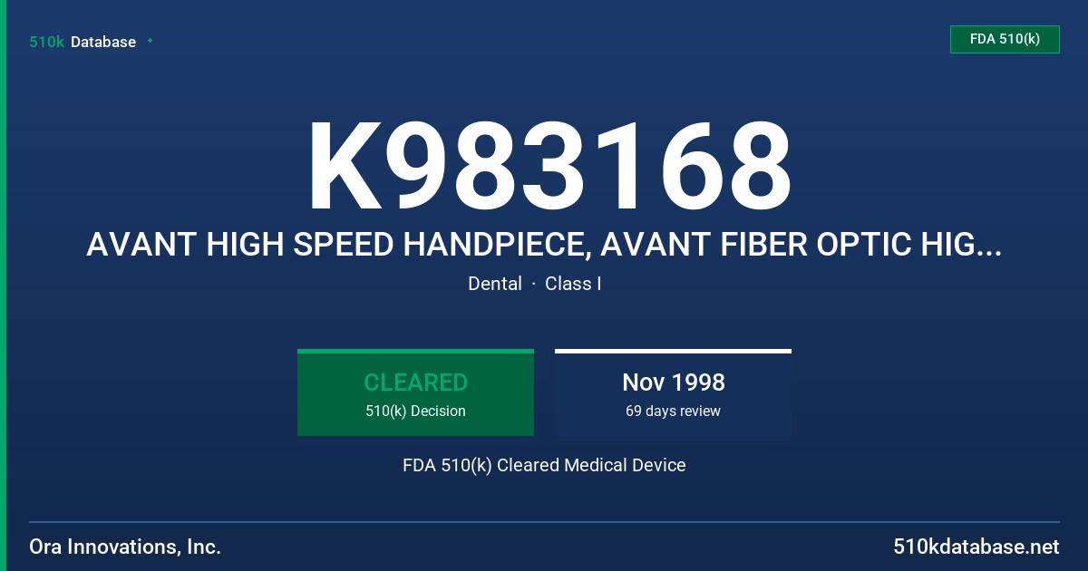 K983168 AVANT HIGH SPEED HANDPIECE, AVANT FIBER OPTIC HIGH SPEED HANDPIECE, MODEL #'S AVANT HS 100 & AVANT HS 200 FDA 510(k) Cleared Medical Device