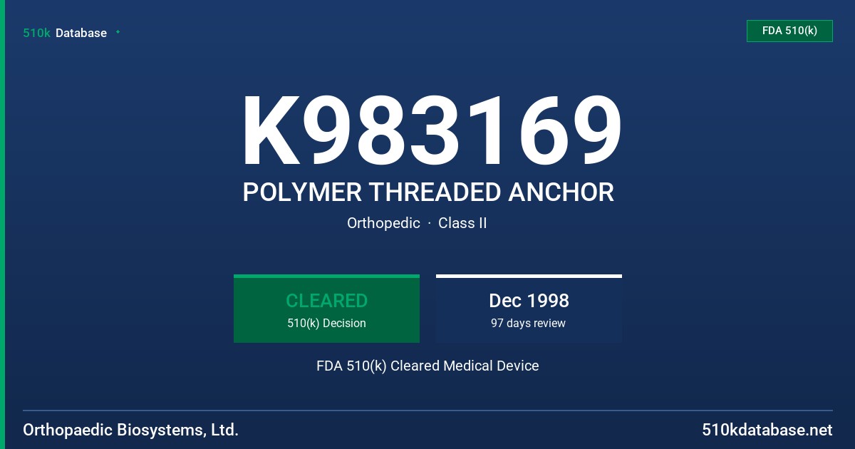 K983169 POLYMER THREADED ANCHOR FDA 510(k) Cleared Medical Device