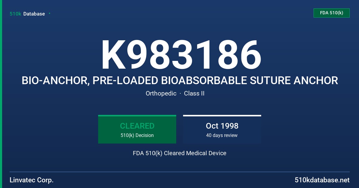 K983186 BIO-ANCHOR, PRE-LOADED BIOABSORBABLE SUTURE ANCHOR FDA 510(k) Cleared Medical Device