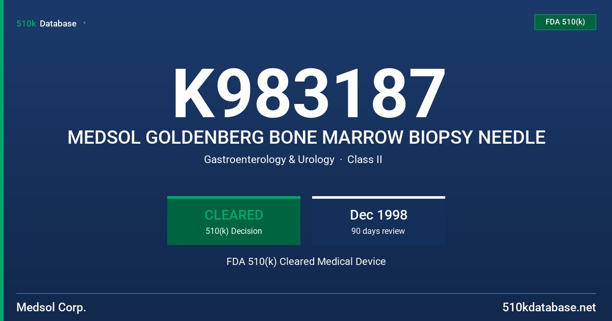 K983187 MEDSOL GOLDENBERG BONE MARROW BIOPSY NEEDLE FDA 510(k) Cleared Medical Device
