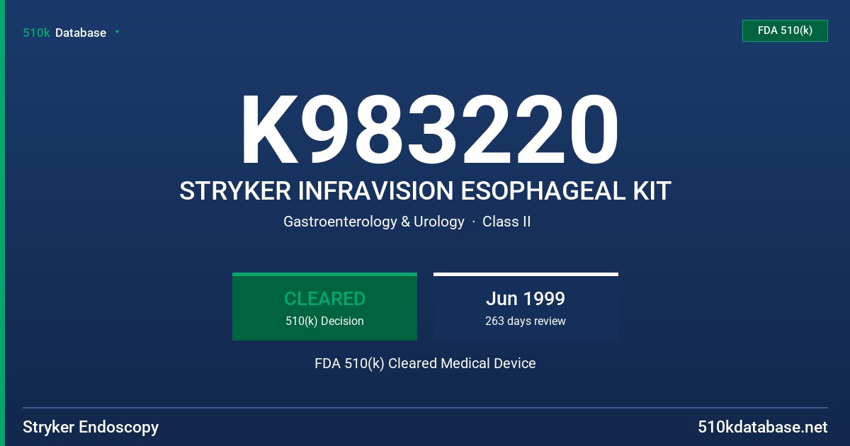 K983220 STRYKER INFRAVISION ESOPHAGEAL KIT FDA 510(k) Cleared Medical Device