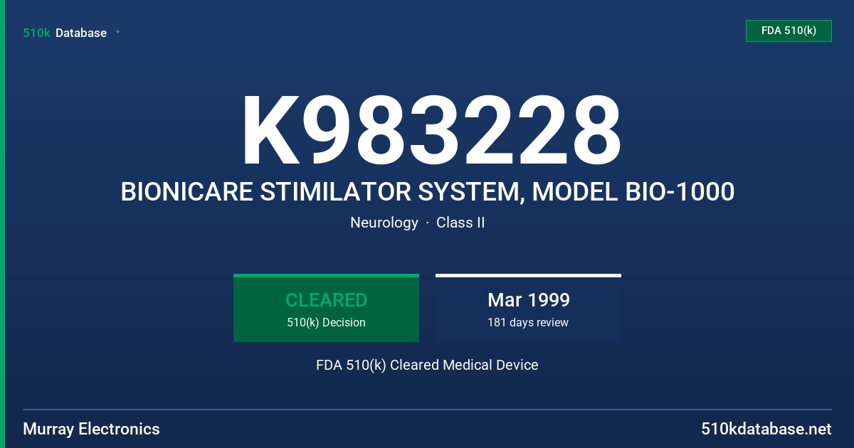 K983228 BIONICARE STIMILATOR SYSTEM, MODEL BIO-1000 FDA 510(k) Cleared Medical Device