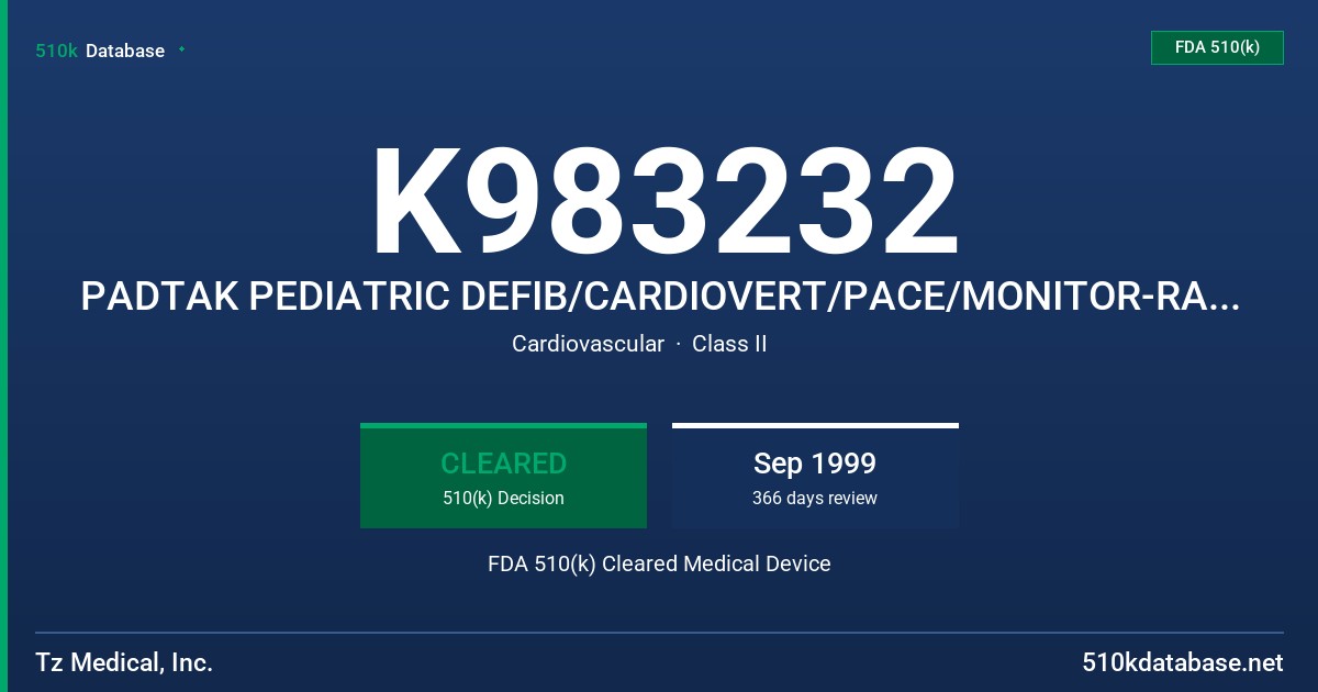 K983232 PADTAK PEDIATRIC DEFIB/CARDIOVERT/PACE/MONITOR-RADIOTRANSPARENT (2X2.25),MODEL 2602, PADTAK PEDIATRIC DEFIB/CARDIOVERT FDA 510(k) Cleared Medical Device