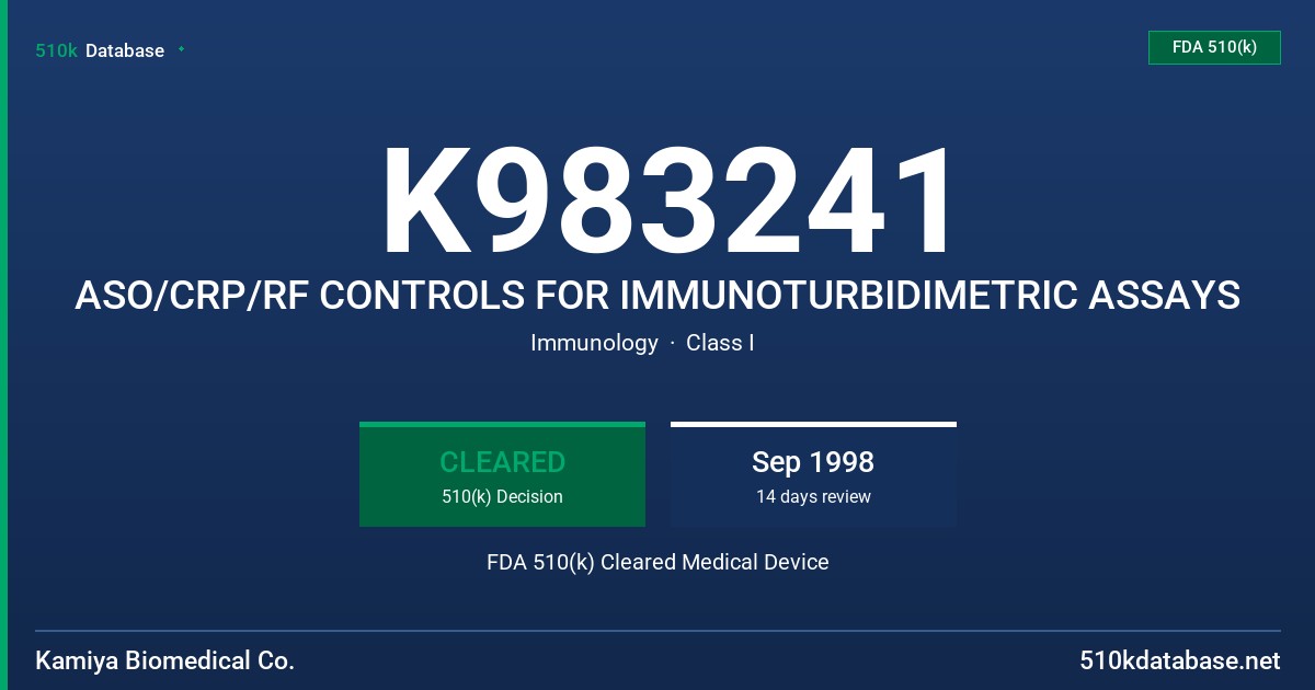 K983241 ASO/CRP/RF CONTROLS FOR IMMUNOTURBIDIMETRIC ASSAYS FDA 510(k) Cleared Medical Device