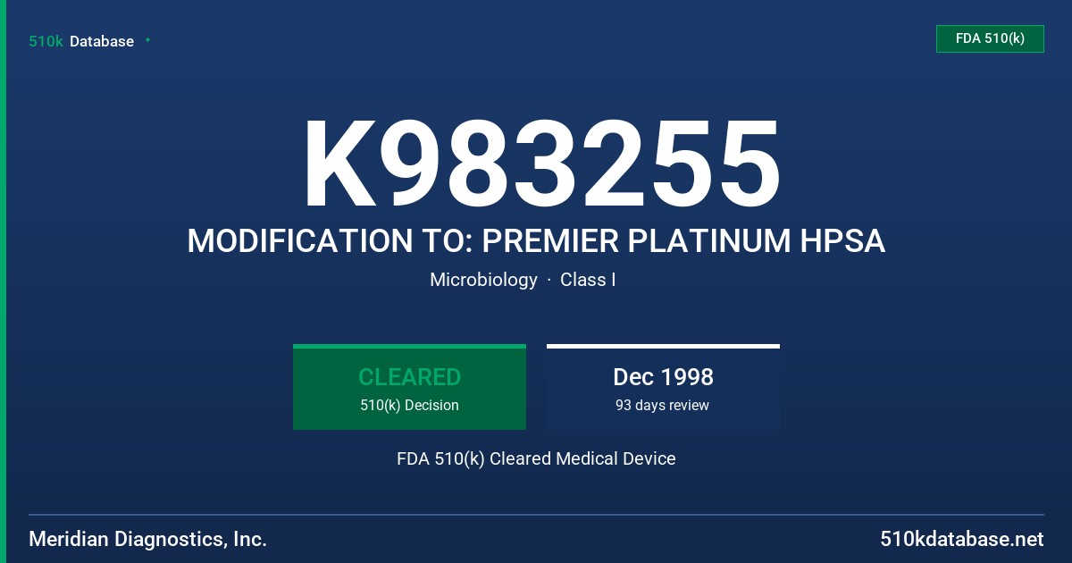K983255 MODIFICATION TO: PREMIER PLATINUM HPSA FDA 510(k) Cleared Medical Device
