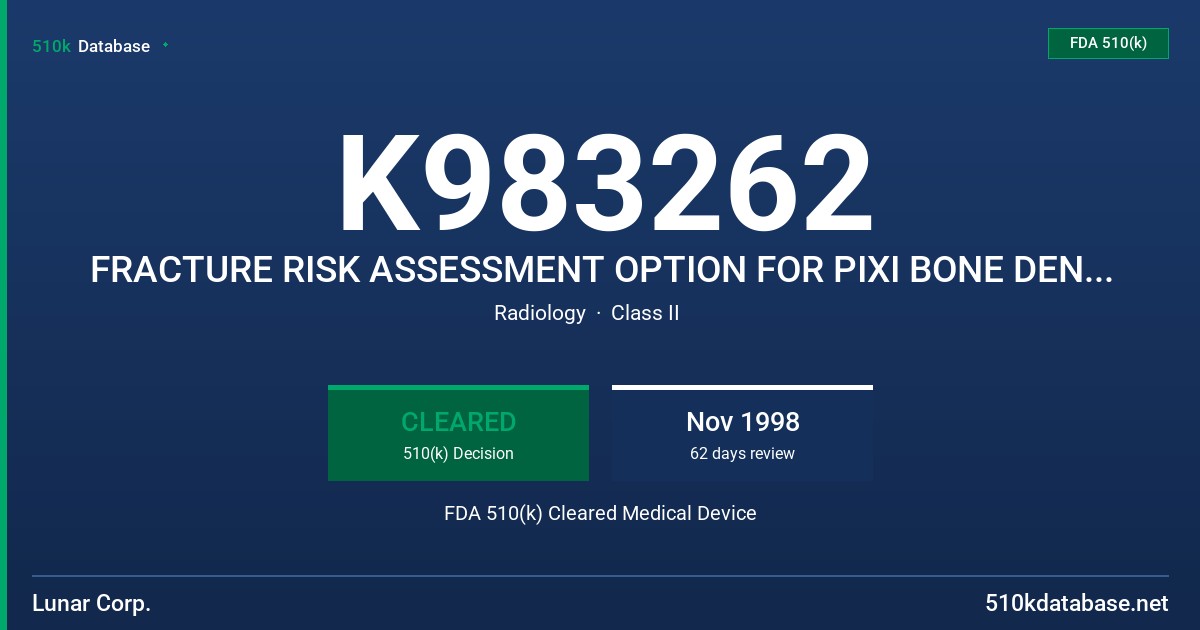 K983262 FRACTURE RISK ASSESSMENT OPTION FOR PIXI BONE DENSITOMETERS FDA 510(k) Cleared Medical Device