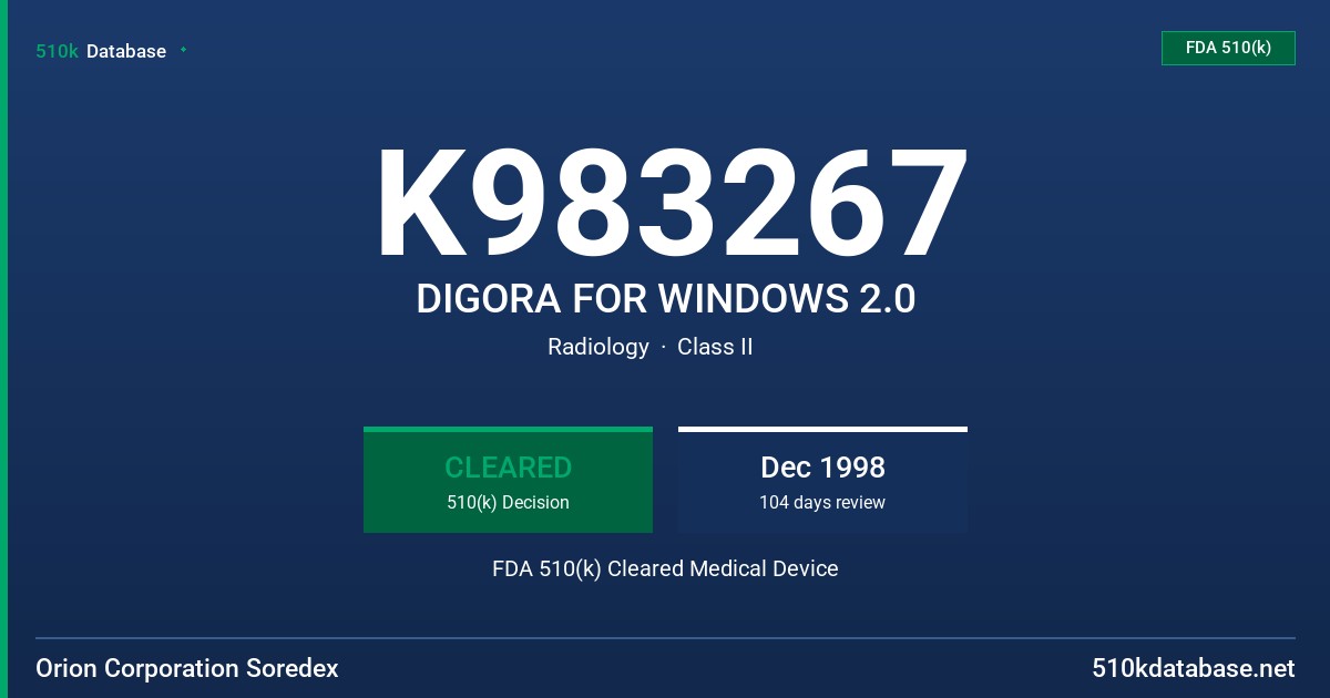 K983267 DIGORA FOR WINDOWS 2.0 FDA 510(k) Cleared Medical Device