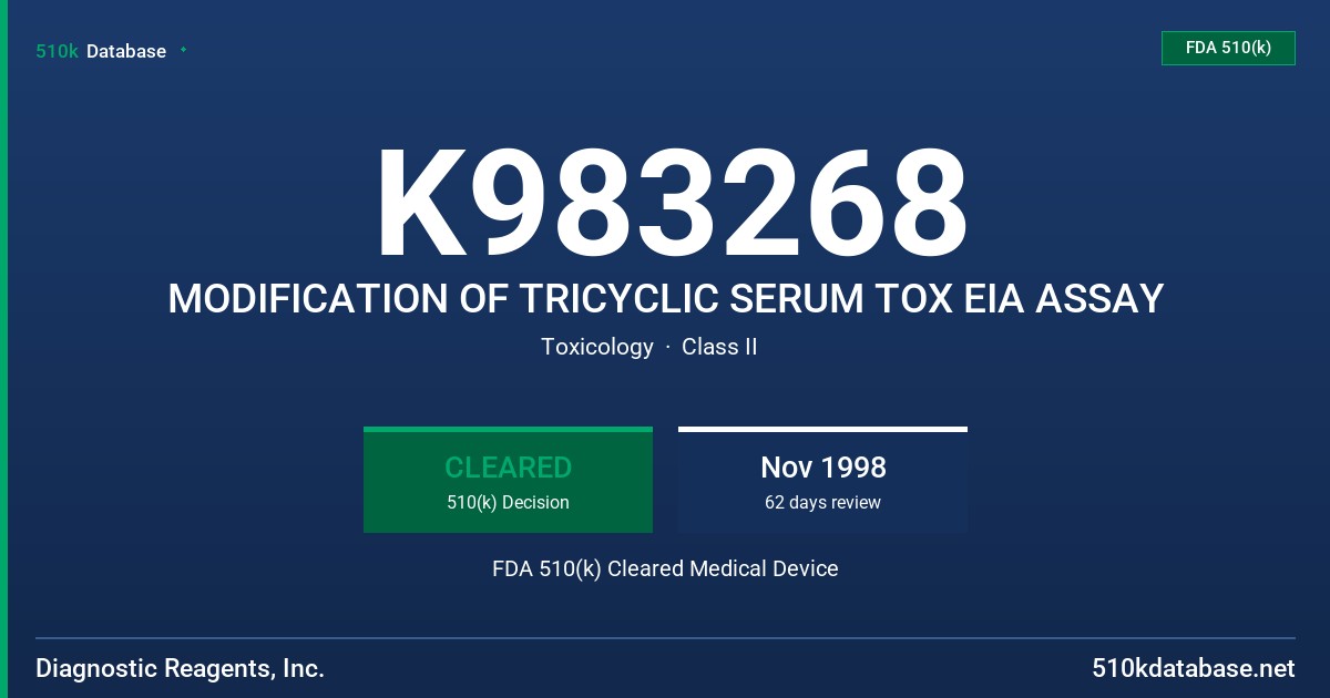 K983268 MODIFICATION OF TRICYCLIC SERUM TOX EIA ASSAY FDA 510(k) Cleared Medical Device