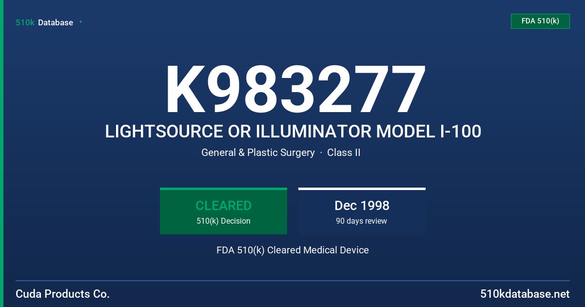 K983277 LIGHTSOURCE OR ILLUMINATOR MODEL I-100 FDA 510(k) Cleared Medical Device